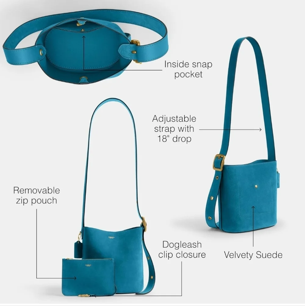 Coach Bleecker Bucket Bag 21 Sea Blue Suede Crossbody Purse Pouch